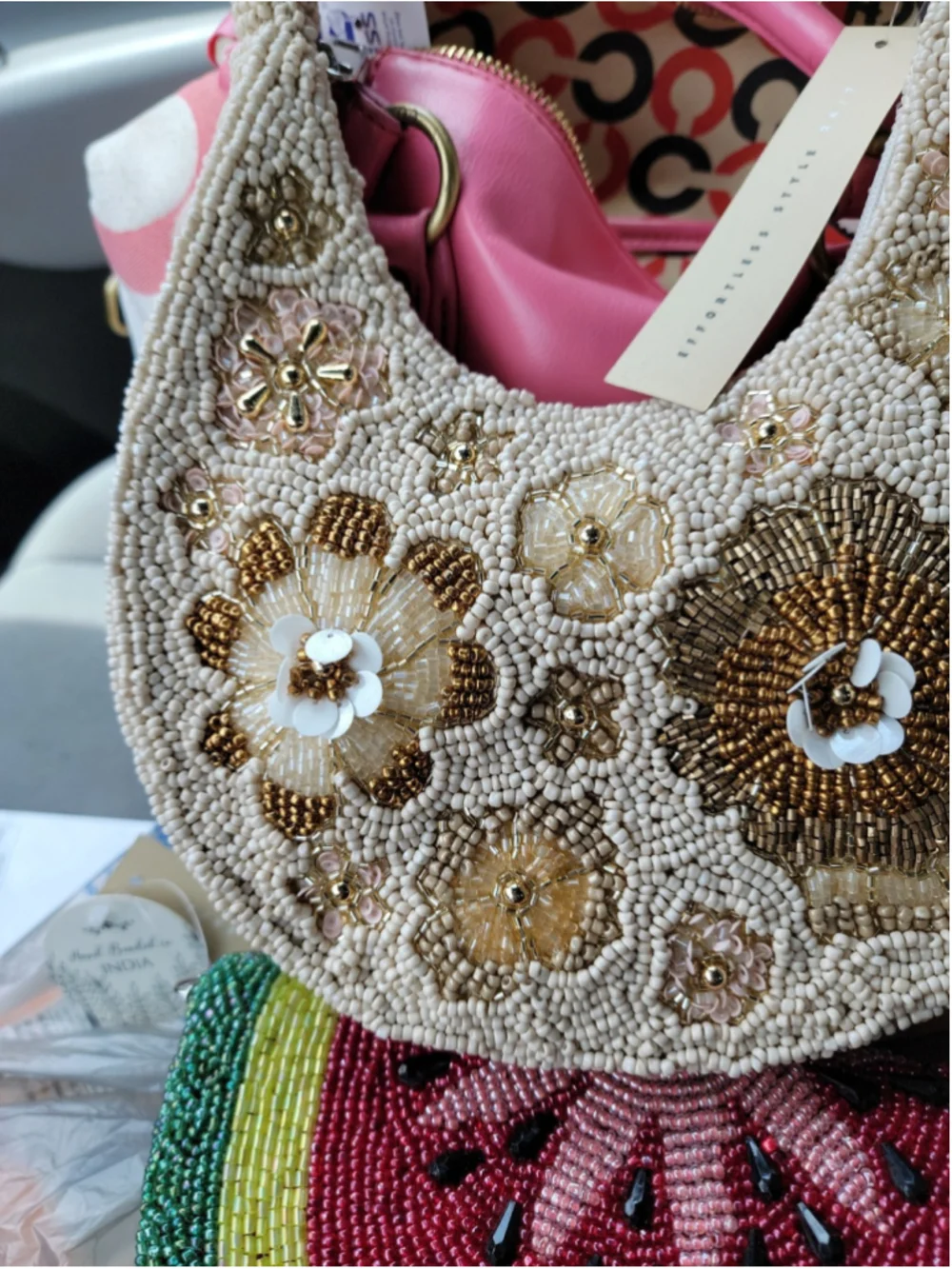 Studio 12 Hand Beaded Floral Hobo Shoulder Bag Cream Ivory Gold Purse NWT India